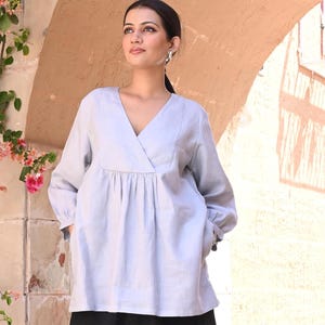 Boho Linen Tunic Top: 3/4 Sleeve V-Neck, Washed Soft Linen