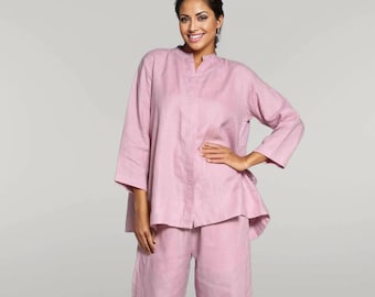 Linen Loungewear Set: Women's Relax Fit Shirt & Straight Pants