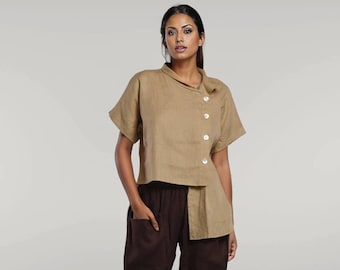 Camisa de lino asimétrica, Blusa de lino natural, Camisa de lino de manga corta, Ropa hecha a mano para mujer, Top de lino orgánico, Blusa de lino de verano