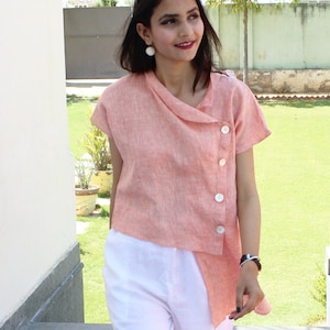 Asymmetric Linen Shirt, Linen Blouse Women, Linen Women&#39;s Clothing, Short Sleeve Linen Shirt Women, Linen Womens Tops, Linen Clothing Women