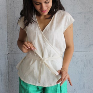 Linen Wrap Top: Short Sleeve V-Neck Blouse - Eco-Friendly Fabric