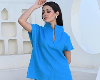 Blue Linen Blouse, Relaxed Fit Short Sleeve Top, soft linen blouses, pure linen shirts, plus size clothing