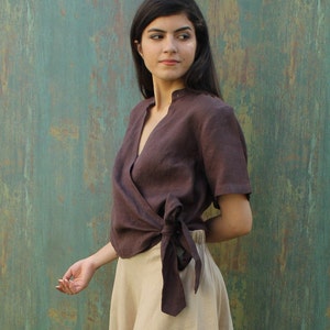 Brown Linen Wrap Blouse, Short Sleeve Tie-Front Top, Soft V-Neck Summer Shirt, Minimalist Natural Fabric, Elegant Casual Linen Wear