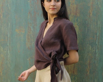 Wrap Linen Top, Victorian Wrap Linen Blouse, Linen Top,  Kimono Wrap Top, Linen Shirt Tie Front Crop Top Short Sleeve ,Women Cocktail Blouse