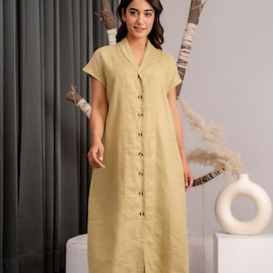 Linen Maxi Dress: Shawl Collar, Pockets, Loose Fit