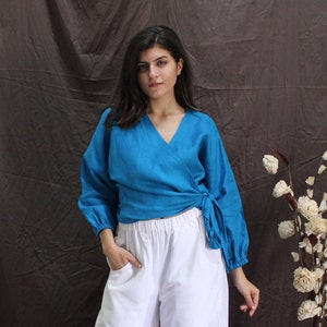 Linen Wrap Top: Women&#39;s Tie Front Blouse, Elasticated Sleeves