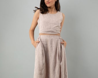 Linen Sleeveless Crop Top and Maxi Skirt, Back Less Tie Belt Top, Pleated Flared Skirt, Cottagecore Wedding Dress, Minimalist Skirt, Blouse