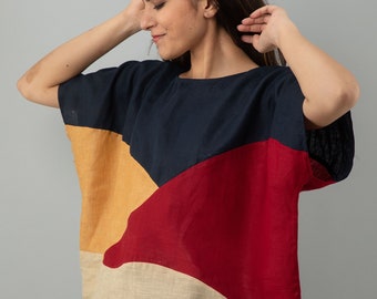 Colorblock Linen Top, Abstract Art Oversized Blouse for Women, Boho Square Fit Flax Shirt, Handmade Multicolor Summer Tops, Gift for Mom