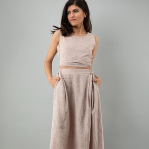 Linen Sleeveless Crop Top and Maxi Skirt, Back Less Tie Belt Top, Pleated Flared Skirt, Cottagecore Wedding Dress, Minimalist Skirt, Blouse