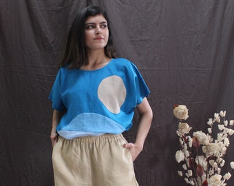 Sky Blue Abstract Linen Top, Artistic Square Fit Patchwork Blouse for Women, Handmade Colorblock Boho Shirt