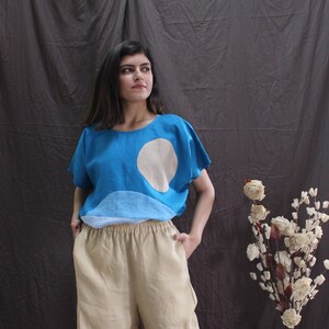 Sky Blue Abstract Linen Top, Artistic Square Fit Patchwork Blouse for Women, Handmade Colorblock Boho Shirt