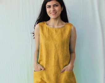 Linen Midi Shift Dress with Pockets - Sleeveless Boho Summer Dress