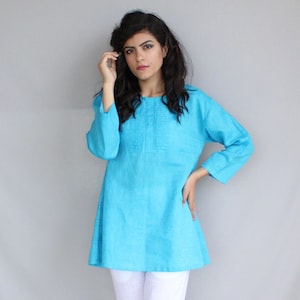 Blue Linen Top, Linen Blouse, Linen Tunic, Linen Long Sleeve Tunic, Summer Dress, Linen Dresses, Cocktail Dress, Vacation Dress