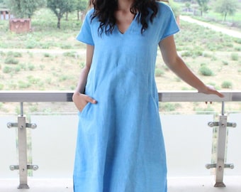 Linen Dress, Linen Midi Dress, Linen Summer Dress, 100% Linen Tunic, Blue Linen Dress, Gift For Her, Linen Clothing, Womens Clothing