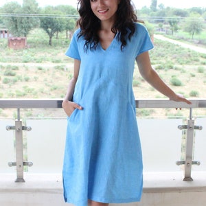 Linen Dress, Linen Midi Dress, Linen Summer Dress, 100% Linen Tunic, Blue Linen Dress, Gift For Her, Linen Clothing, Womens Clothing
