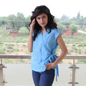 Linen Wrap Top: Sustainable Kimono Blouse, Short Sleeve