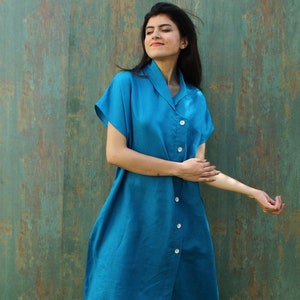 Linen Short Sleeve Shirt Dress With Pockets, Organic Linen Dress, Long Linen Shirt, Blue Linen Midi Dress image 2