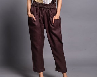 Pantalones de lino, pantalones de talle alto, pantalones 100% lino, pantalones de lino para mujer, pantalones de lino cónicos, pantalones marrones, pantalones de pijama, regalo para ella