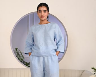 Sky Blue Linen Co-ord Set: Relaxed Fit Top & Pants