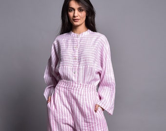 Conjunto de lino para estar en casa, camisa y pantalón, hecho a medida, conjunto de pijama de lino, conjunto de dos piezas para mujer, conjunto de lino a rayas, conjunto de lino a juego