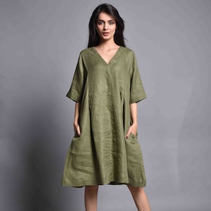 Pure Linen Tunic Dress: V-Neck, Half Sleeve, Plus Size