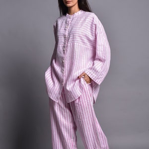 Linen Pajama Set, Linen Shirt and Linen Pants, Two Piece Set, Womens Linen Sleepwear Set, Linen Loungewear, Loose Pants, Wide Trousers image 1