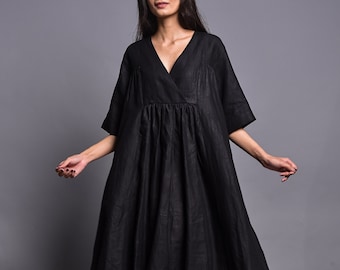 Robe longue pur lin, Vêtements en lin lavé, Robe portefeuille en lin, Robe grande taille en lin, Robe ample en lin avec poches