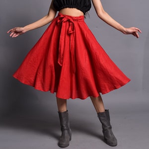 Women Linen Skirt, Skater Round Skirt, Flared Midi Skirt, Knee Length Circle Skirt With Belt, Customized Skirt