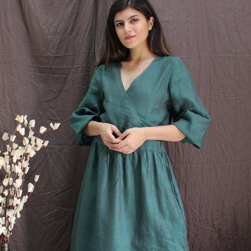 Linen Wrap Dress, Deep Green Linen Dress, Linen Midi Dress, summer dress, women linen dress, cottagecore dress, simple wedding dress