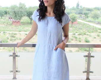 Linen Tunic Dress with Pockets Loose Fit Loungewear Drop Shoulder Dress Knee Length Washed Linen Tunic Pehrodesign