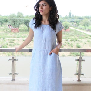 Linen Tunic Dress with Pockets Loose Fit Loungewear Drop Shoulder Dress Knee Length Washed Linen Tunic Pehrodesign