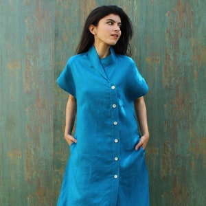 Linen Short Sleeve Shirt Dress With Pockets, Organic Linen Dress, Long Linen Shirt, Blue Linen Midi Dress image 3