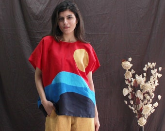 Red Blue Colorblock Linen Top, Abstract Sun and Wave Blouse, Square Fit Artistic Shirt for Women, Bold Handmade Linen Clothing