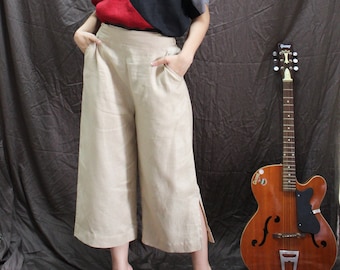 Beige Wide Leg Linen Pants, Cropped Culottes with Side Slit & Pockets, Women’s Natural Fabric Loose Fit Trousers, Linen Lounge Pants
