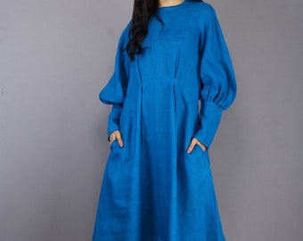 LINEN Mid Calf Dress, Long Linen Dress, Blue Linen Dress, Loose Linen Dress, Dress With Pocket, Plus Size Dress, Linen Maxi Dress, Handmade