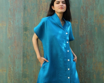 Linen Short Sleeve Shirt Dress With Pockets, Organic Linen Dress, Long Linen Shirt, Blue Linen Midi Dress