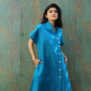 Linen Short Sleeve Shirt Dress With Pockets, Organic Linen Dress, Long Linen Shirt, Blue Linen Midi Dress image 1