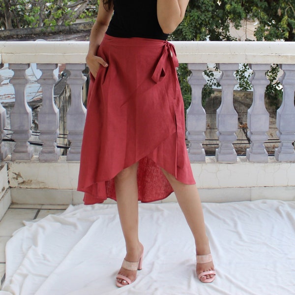 High Waist Linen Wrap Skirt: Midi Skirt with Side Tie