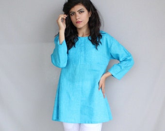 Blue Linen Top, Linen Blouse, Linen Tunic, Linen Long Sleeve Tunic, Summer Dress, Linen Dresses, Cocktail Dress, Vacation Dress