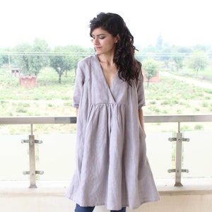 Washed Loose Linen Smock Dress, Deep V Neck Wrap Linen Tunic Dress, Maternity Plus Size Clothing, Oversize Kimono Tunic, Organic Sleep Dress