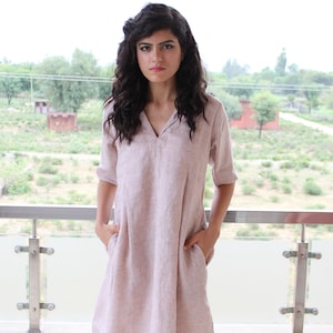 Linen Midi Tunic Dress: Half Sleeve V-Neck Pleated Summer Clothing