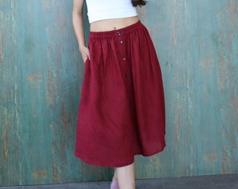 Linen skirt with pocket, elastic skirt,  Flared Midi Skirts, Casual Loose Skirts, Flared Midi Skirts, Below the Knee skirt, Plus size skirt