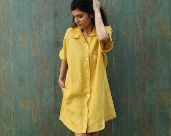 Short Sleeve Shirt Dress, Linen Shirt Dress, Button Up Shirt Dress, Maxi Shirt Dress, Loose Linen Shirt, Yellow Linen Dress, Plus Size Dress