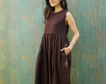 Linen Sleeveless Midi Dress, Mid Calf Smock Brown Dress, Gift for Her, Plus size clothing, Custom made, Oversize dress, maxi dress, Handmade