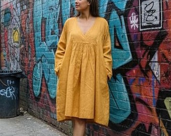 Robe droite en lin bio à col V, coupe ample, poches, robe d'été