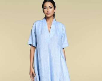 Loose Linen V-Neck Dress, Half Sleeve Flowy Dress with Pockets, Handmade Linen Midi Dress: Relaxed Fit V-Neck Tunic