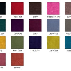 May include: A color palette featuring 16 fabric swatches in various shades. Colors include black, red, brown, pink, green, purple, blue, yellow, and rust. Each swatch is labeled with its corresponding color name.