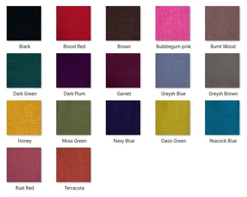 May include: A color palette featuring 16 fabric swatches in various shades. Colors include black, red, brown, pink, green, purple, blue, yellow, and rust. Each swatch is labeled with its corresponding color name.