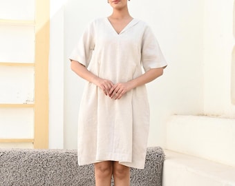 V-Neck Linen Dress, Half Sleeve Loose Fit Summer Dress, linen dress forwomen, linen midi sundress