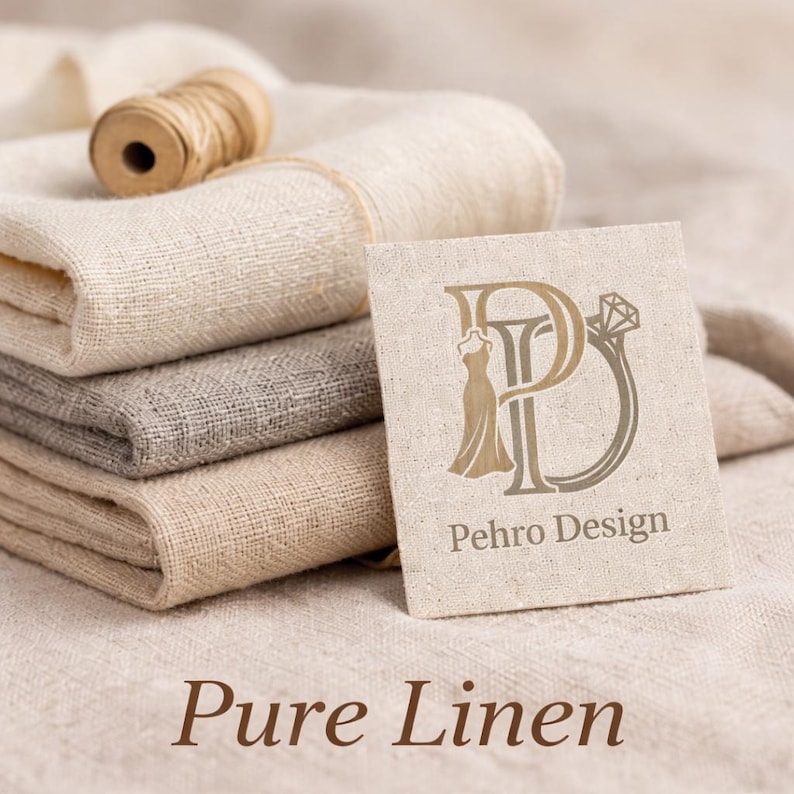 May include: A stack of folded linen fabric in shades of beige and gray, with a spool of twine on top. A small tag with the text "Pehro Design" and the words "Pure Linen" are also visible.